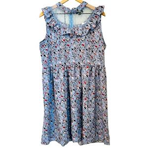 Suzanne Betro Division D-Dress Printed Ruffle Detail Lace Yoke Blue Dress